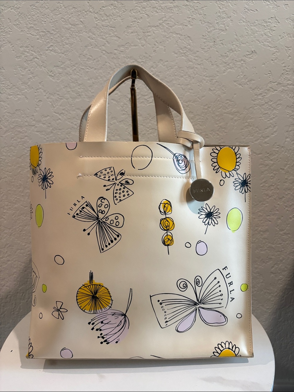 Furla Cream Tote with Yellow & Lavender Floral Butterfly Print